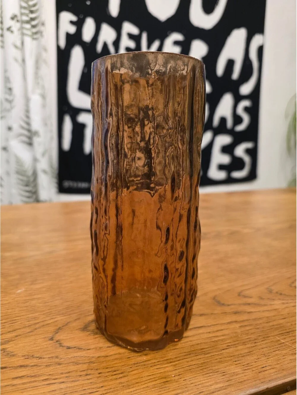 Vintage Amber Glass Bark Vase Mid Century Modern Molded Cylinder Art Glass